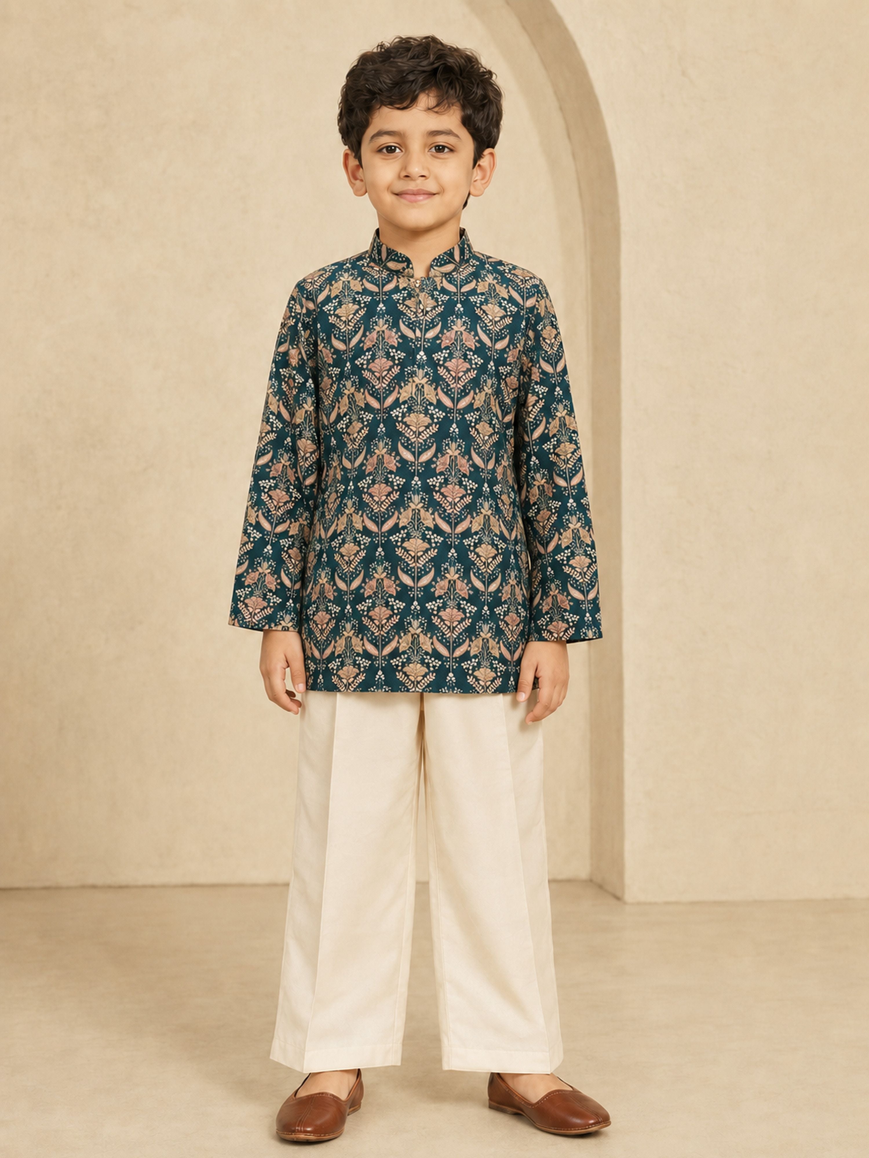 Boy's Dark Green Silk-Blend Floral Print Thigh Length Kurta and Wide Leg Pant