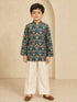 Boy's Dark Green Silk-Blend Floral Print Thigh Length Kurta and Wide Leg Pant