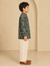 Boy's Dark Green Silk-Blend Floral Print Thigh Length Kurta and Wide Leg Pant