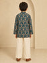 Boy's Dark Green Silk-Blend Floral Print Thigh Length Kurta and Wide Leg Pant