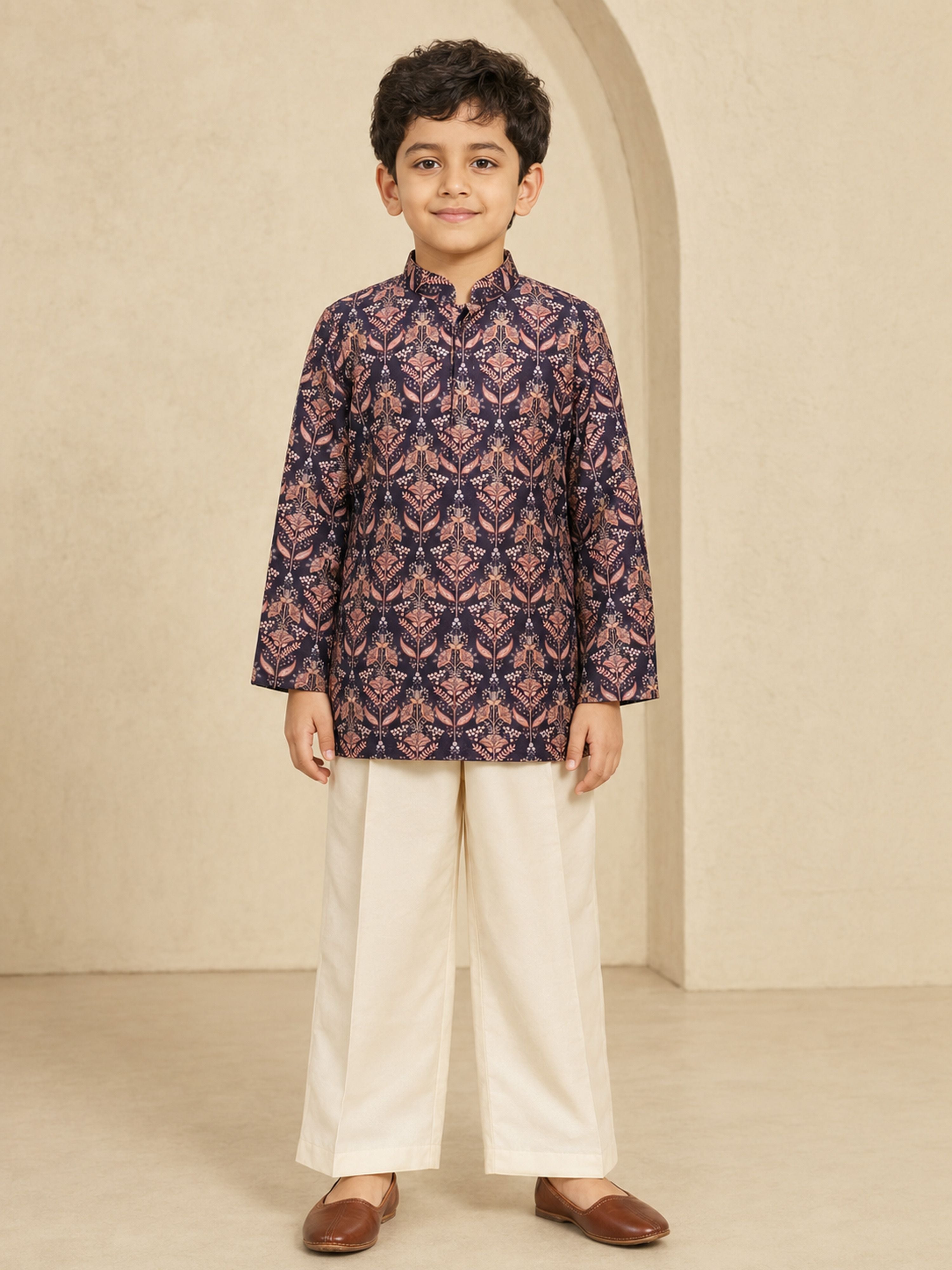 Boy's Wine Silk-Blend Floral Print Thigh Length Kurta and Wide Leg Pant