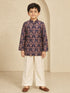 Boy's Wine Silk-Blend Floral Print Thigh Length Kurta and Wide Leg Pant