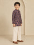 Boy's Wine Silk-Blend Floral Print Thigh Length Kurta and Wide Leg Pant
