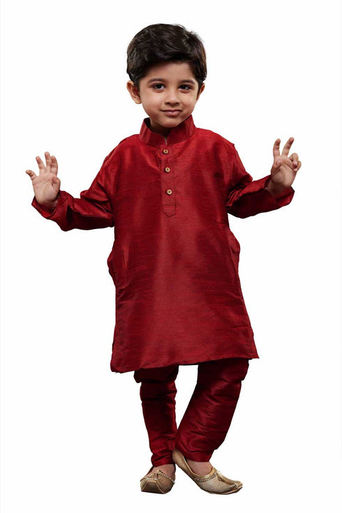 Boys' Maroon Cotton Silk Kurta and Pyjama Set