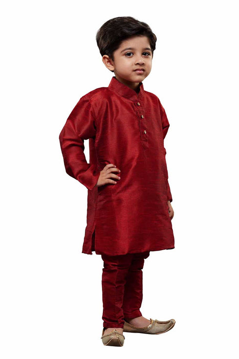 Boys' Maroon Cotton Silk Kurta and Pyjama Set