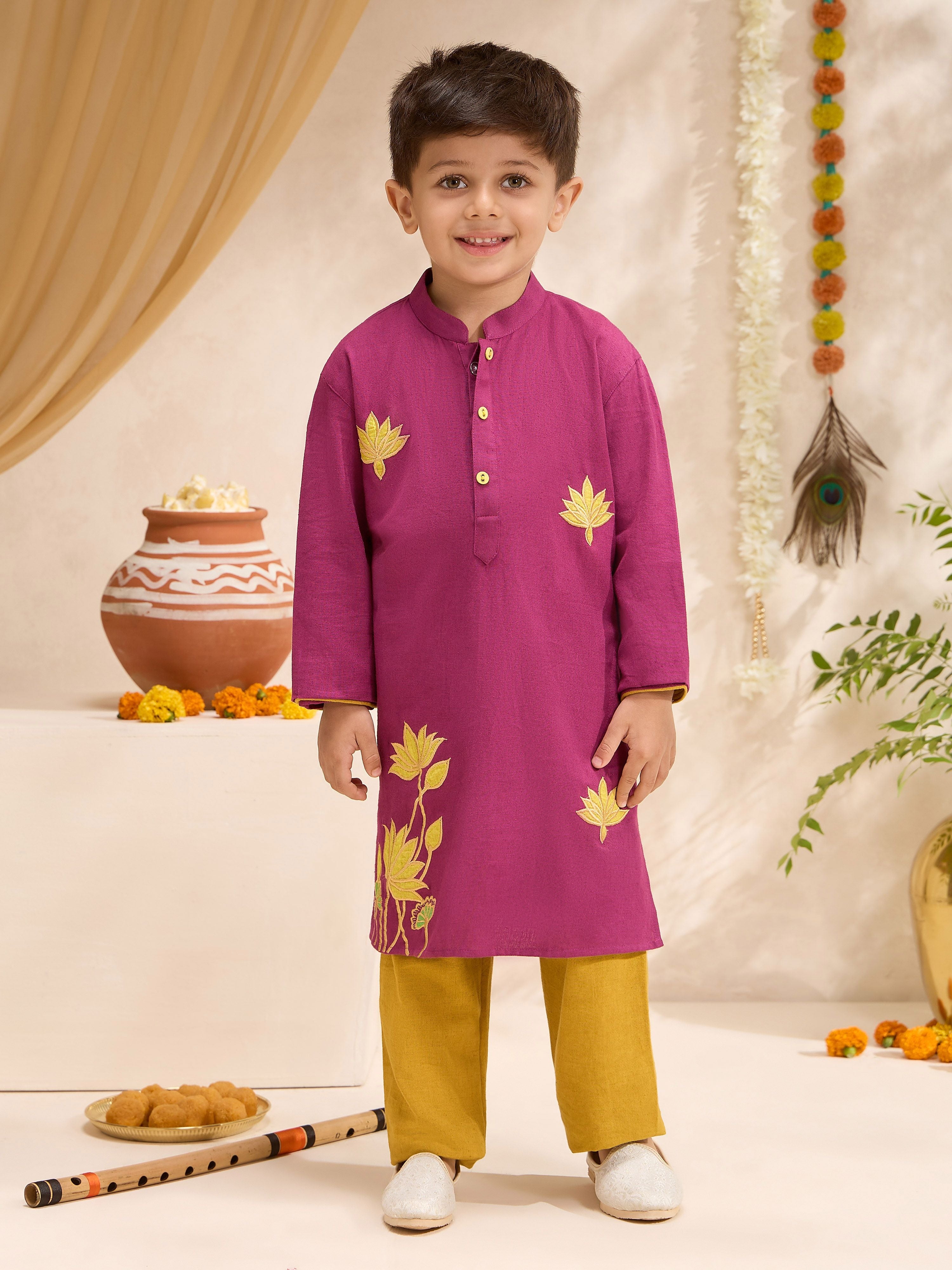 Boys's Fuchsia Cotton Embroidered Thigh Length Kurta And Pyjama Set