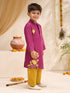 Boys's Fuchsia Cotton Embroidered Thigh Length Kurta And Pyjama Set