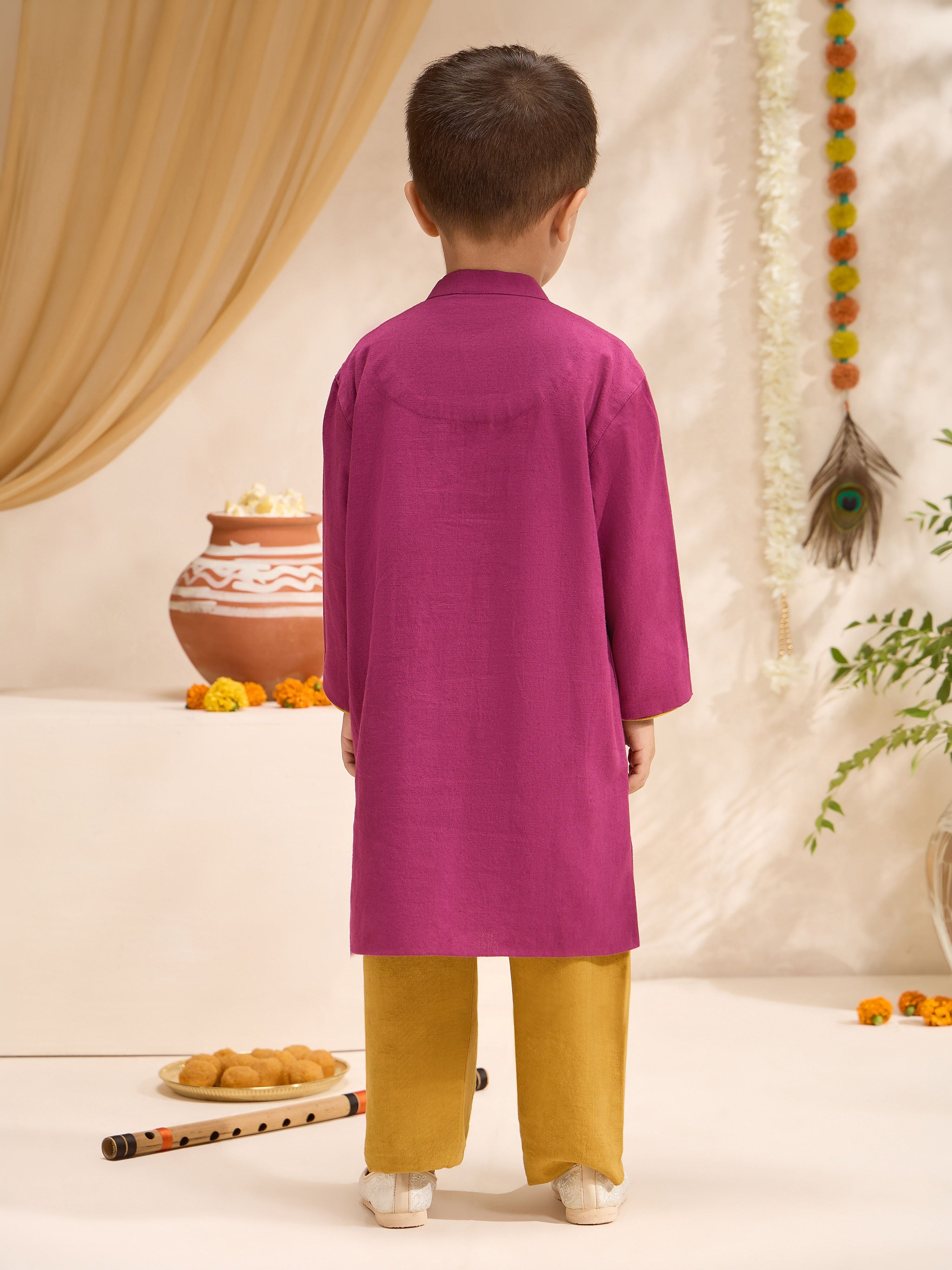 Boys's Fuchsia Cotton Embroidered Thigh Length Kurta And Pyjama Set