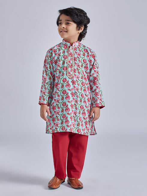 Boy's' Multicolour And White Kurta Pyjama Set