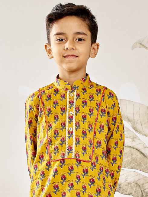 Boy's Mustard Cotton Kurta Pyjama Set