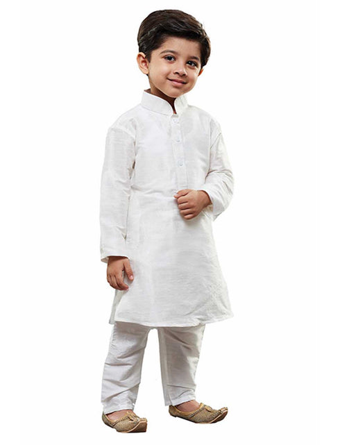 Boys' White Cotton Silk Kurta and Pyjama Set