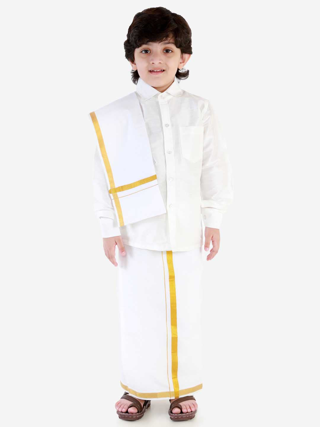 Boys' White Silk Long Sleeves Ethnic Shirt