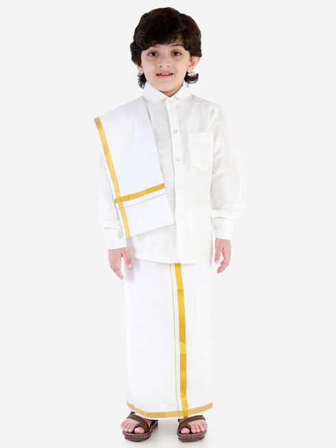 Boys' White Silk Long Sleeves Ethnic Shirt