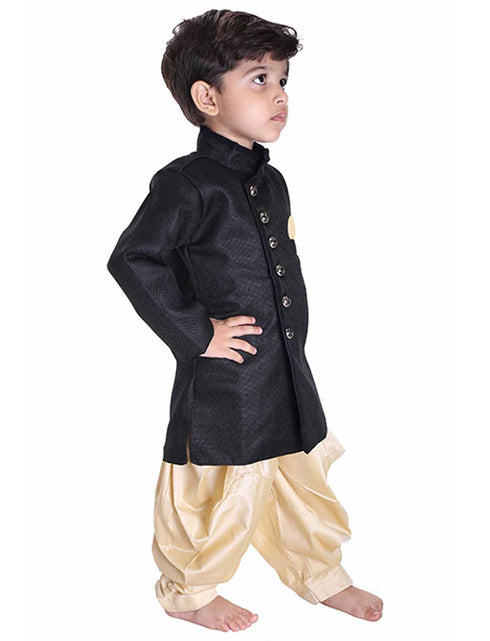 Boys' Black Cotton Blend Sherwani
