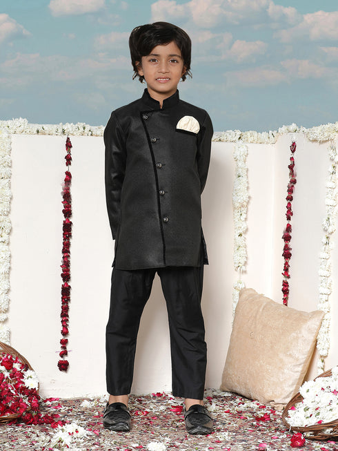 Jbn Creation Boy's Black And Gold Jute Blend Angrakha Style Sherwani And Pyjama Set