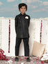 Jbn Creation Boy's Black And Gold Jute Blend Angrakha Style Sherwani And Pyjama Set