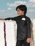 Jbn Creation Boy's Black And Gold Jute Blend Angrakha Style Sherwani And Pyjama Set