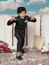 Jbn Creation Boy's Black And Gold Jute Blend Angrakha Style Sherwani And Pyjama Set