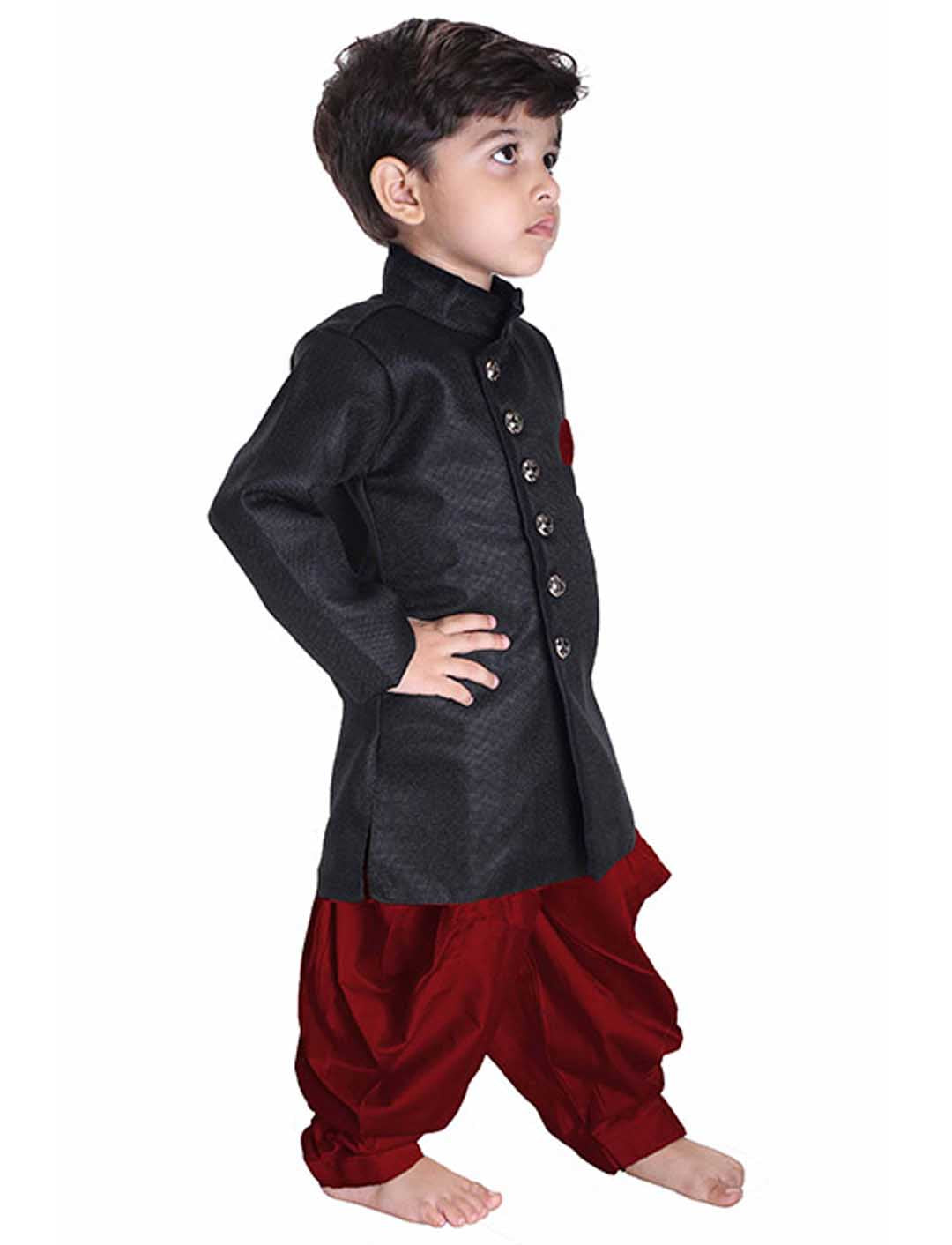 Boys' Black Cotton Blend Sherwani