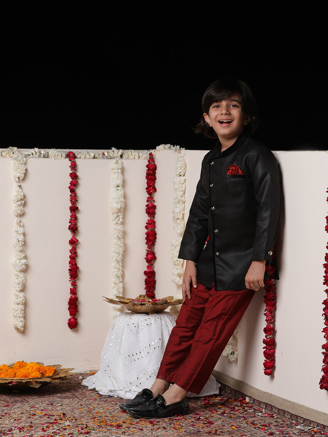 Boy's' Black Cotton Blend Sherwani And Pyjama Set
