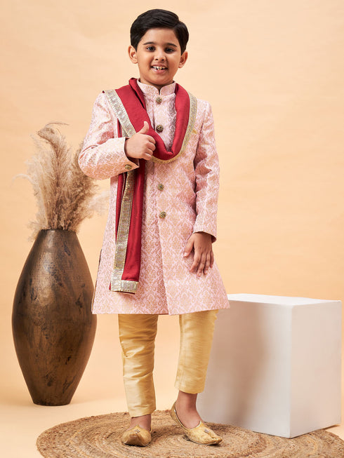 Boy's Pink & Gold-Colored Woven-Design Brocade Slim Fit Sherwani Set With Maroon Color Dupatta