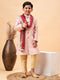 Boy's Pink & Gold-Colored Woven-Design Brocade Slim Fit Sherwani Set With Maroon Color Dupatta
