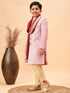 Boy's Pink & Gold-Colored Woven-Design Brocade Slim Fit Sherwani Set With Maroon Color Dupatta