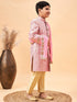 Boy's Pink & Gold-Colored Woven-Design Brocade Slim Fit Sherwani Set With Pink Colour Dupatta