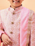 Boy's Pink & Gold-Colored Woven-Design Brocade Slim Fit Sherwani Set With Pink Colour Dupatta