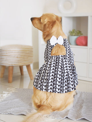 PAWS BY VASTRAMAY Dogs' Black Chikankari Flared Dress With Attached Bow - Dogs Ethnic Wear by Vastramay - Black, chikankari, Dog, Dog Apparel, Dog Dress, Dog Ethnic Dress, female dog outfit, Medium, Pure Cotton, Small