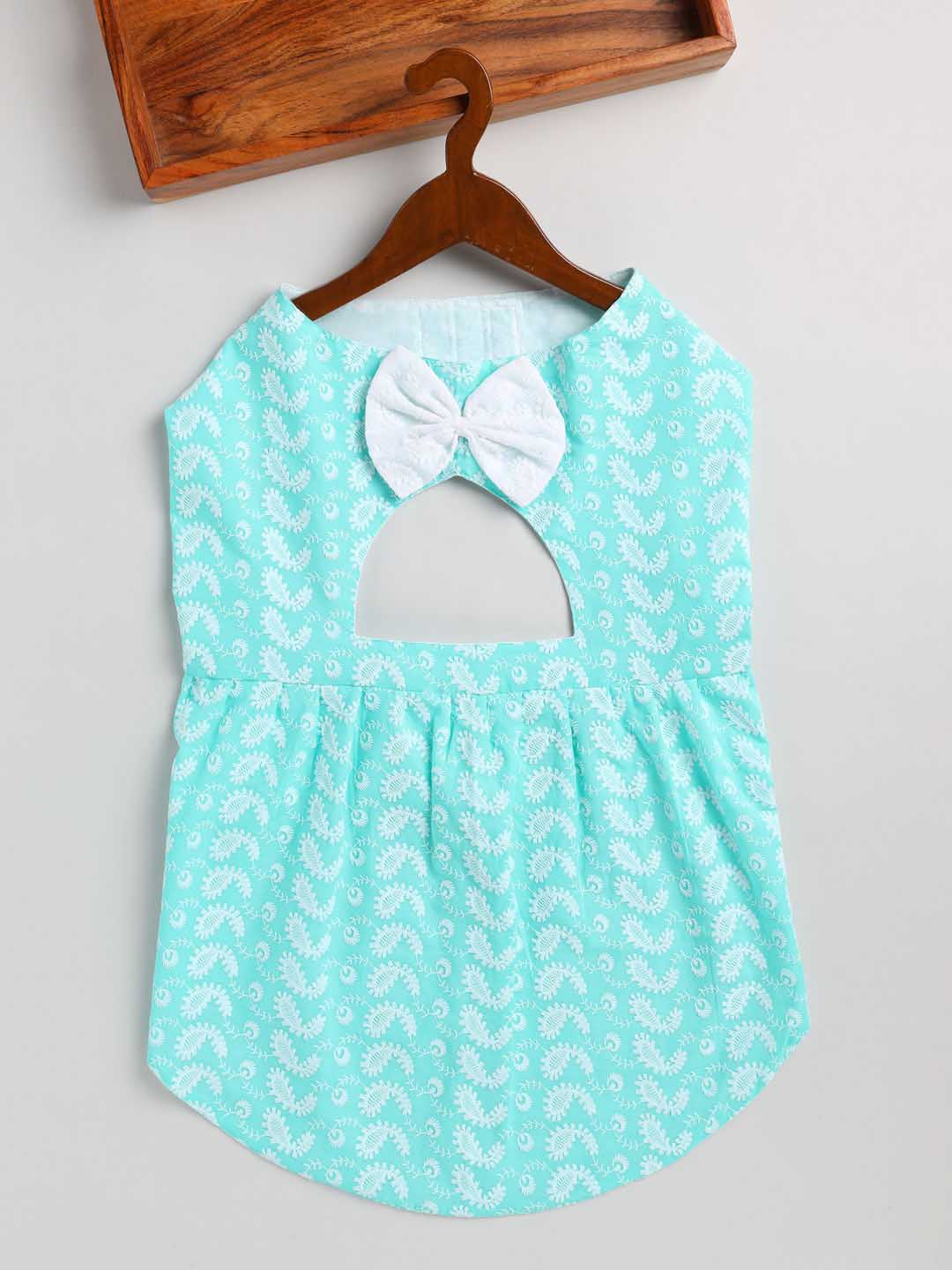 Dogs' Green Chikankari Flared Dress With Attached Bow