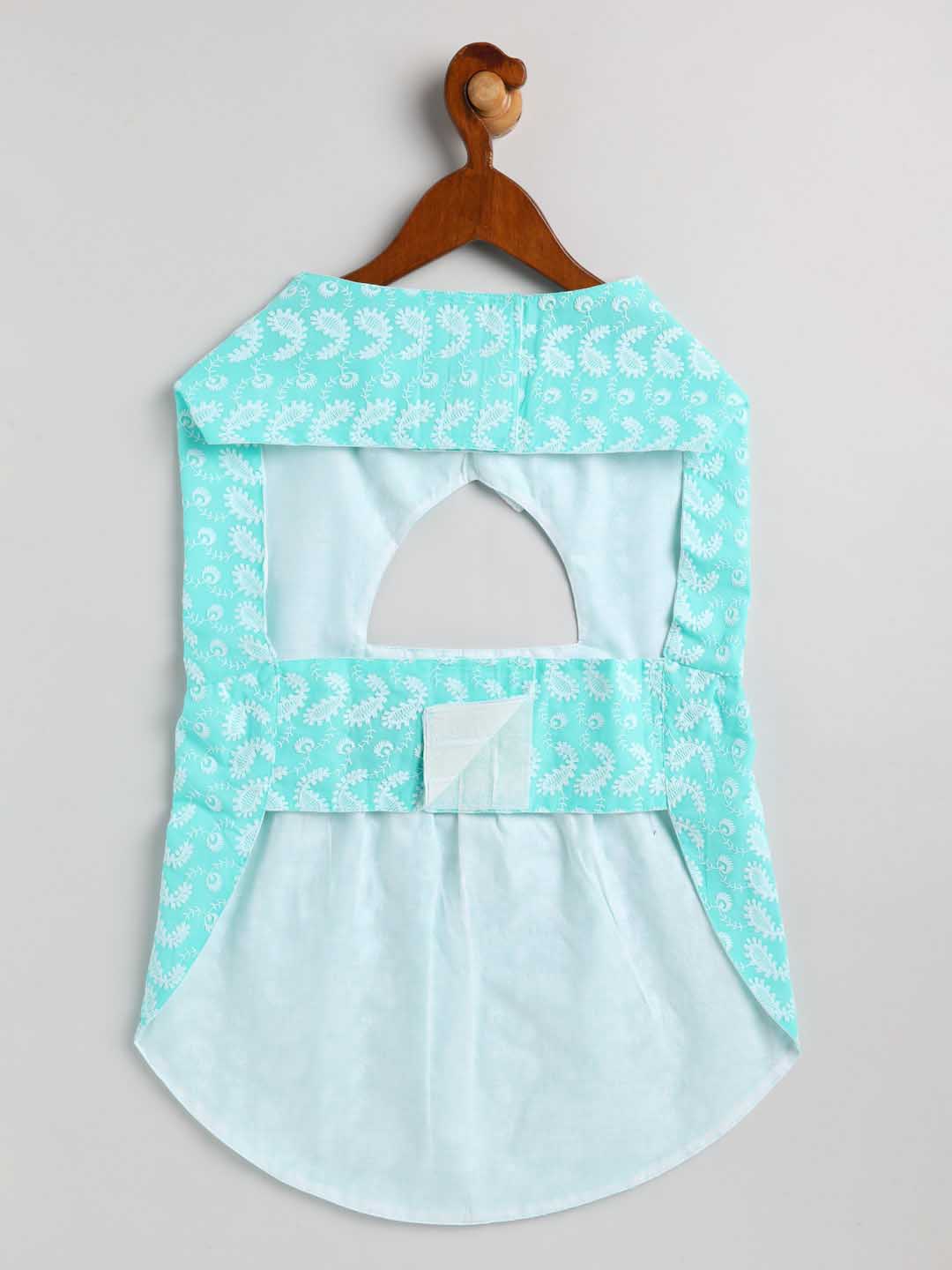 Dogs' Green Chikankari Flared Dress With Attached Bow