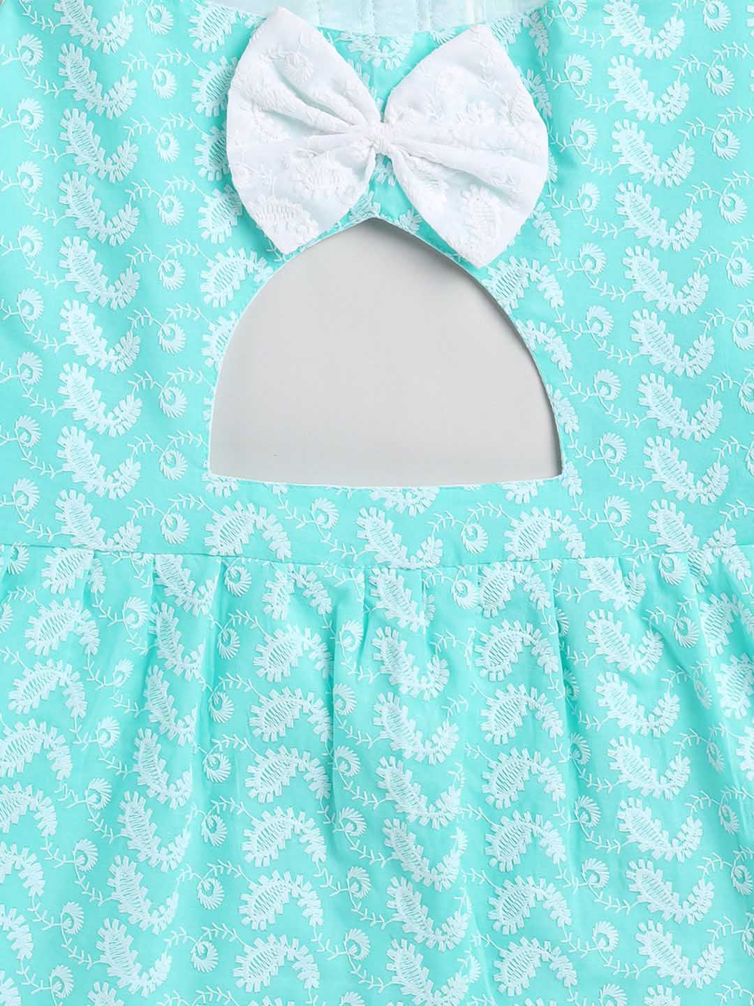 Dogs' Green Chikankari Flared Dress With Attached Bow