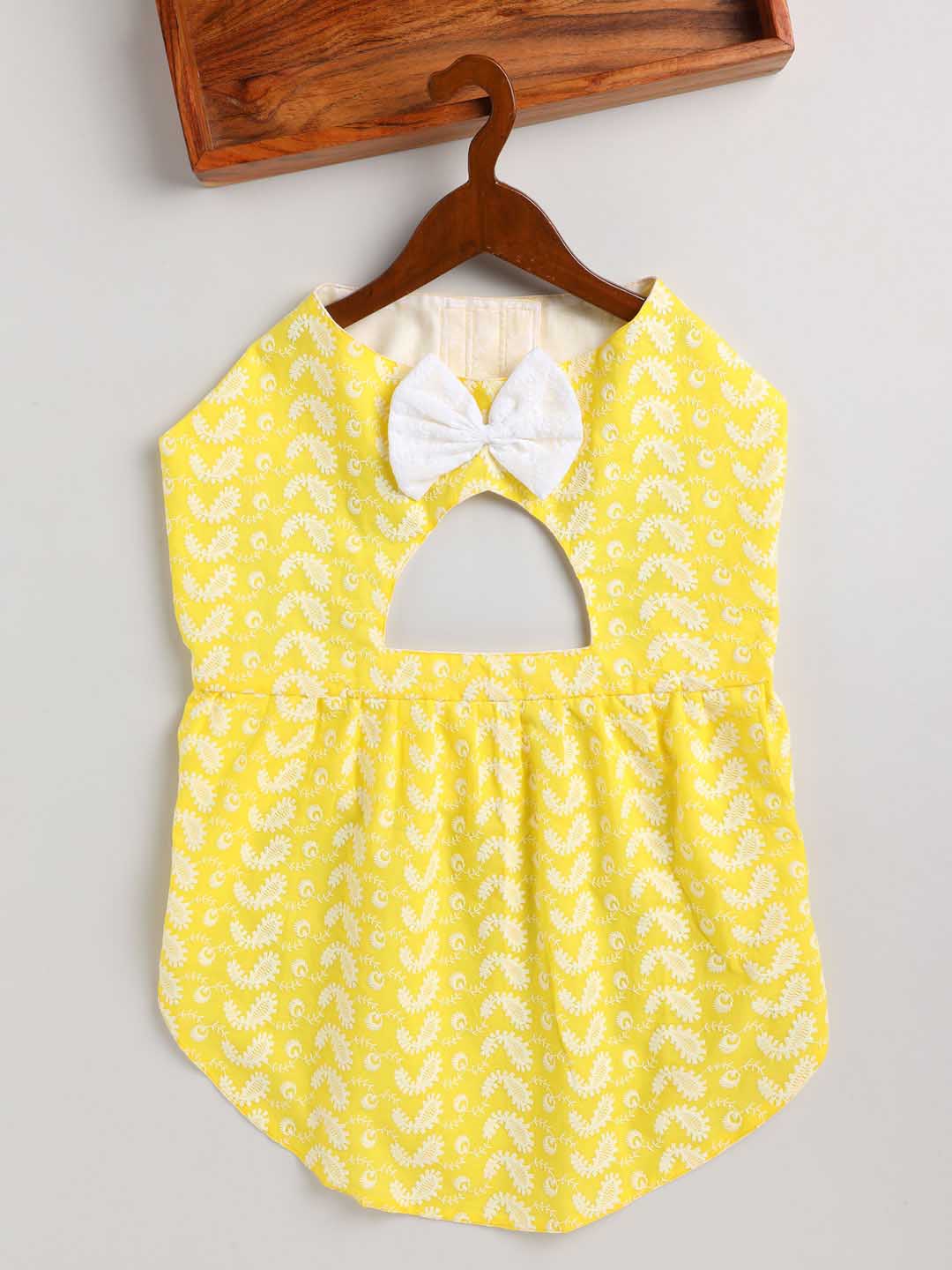 Dogs' Yellow Chikankari Flared Dress With Attached Bow