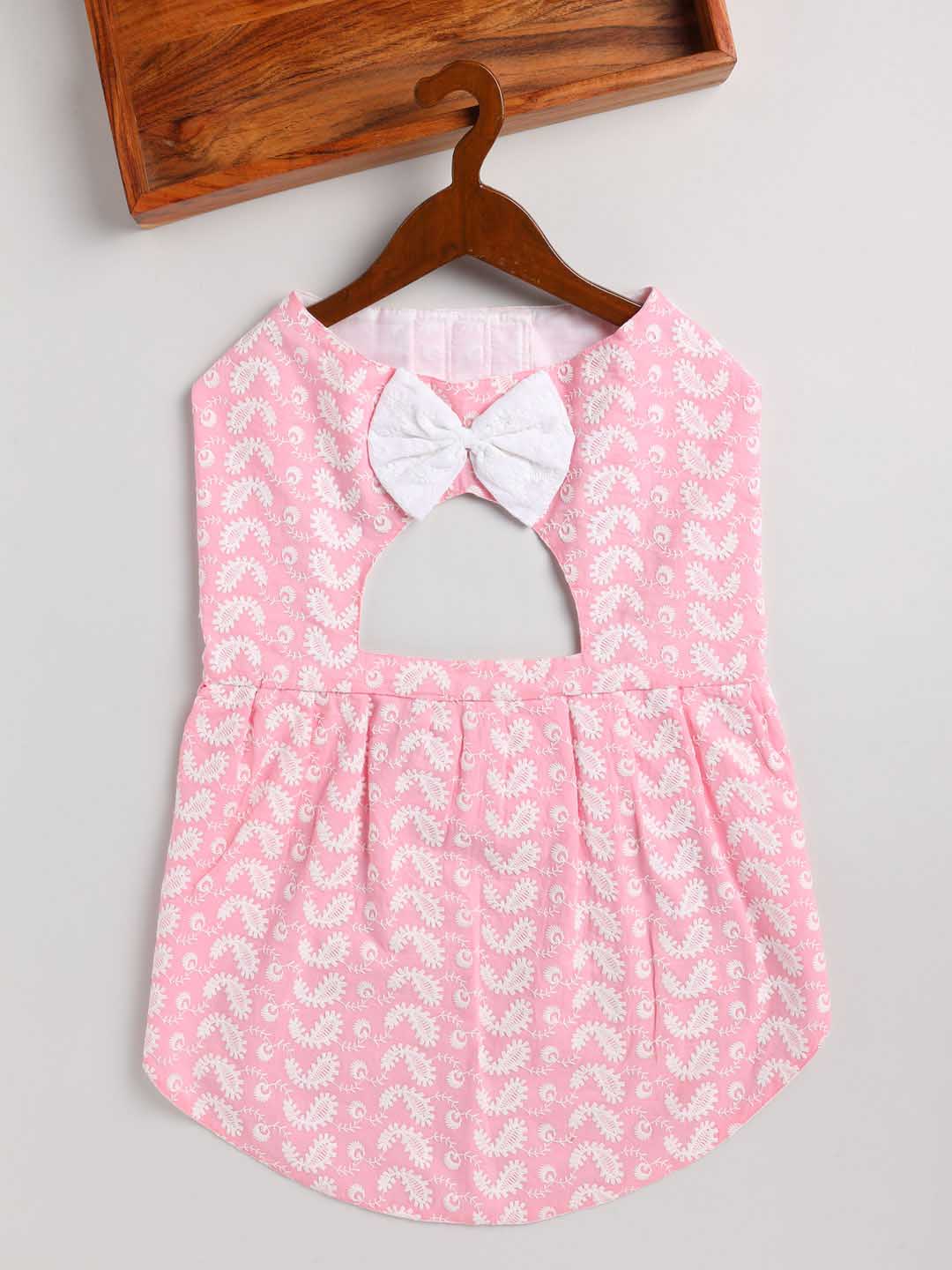 Dogs' Pink Chikankari Flared Dress With Attached Bow