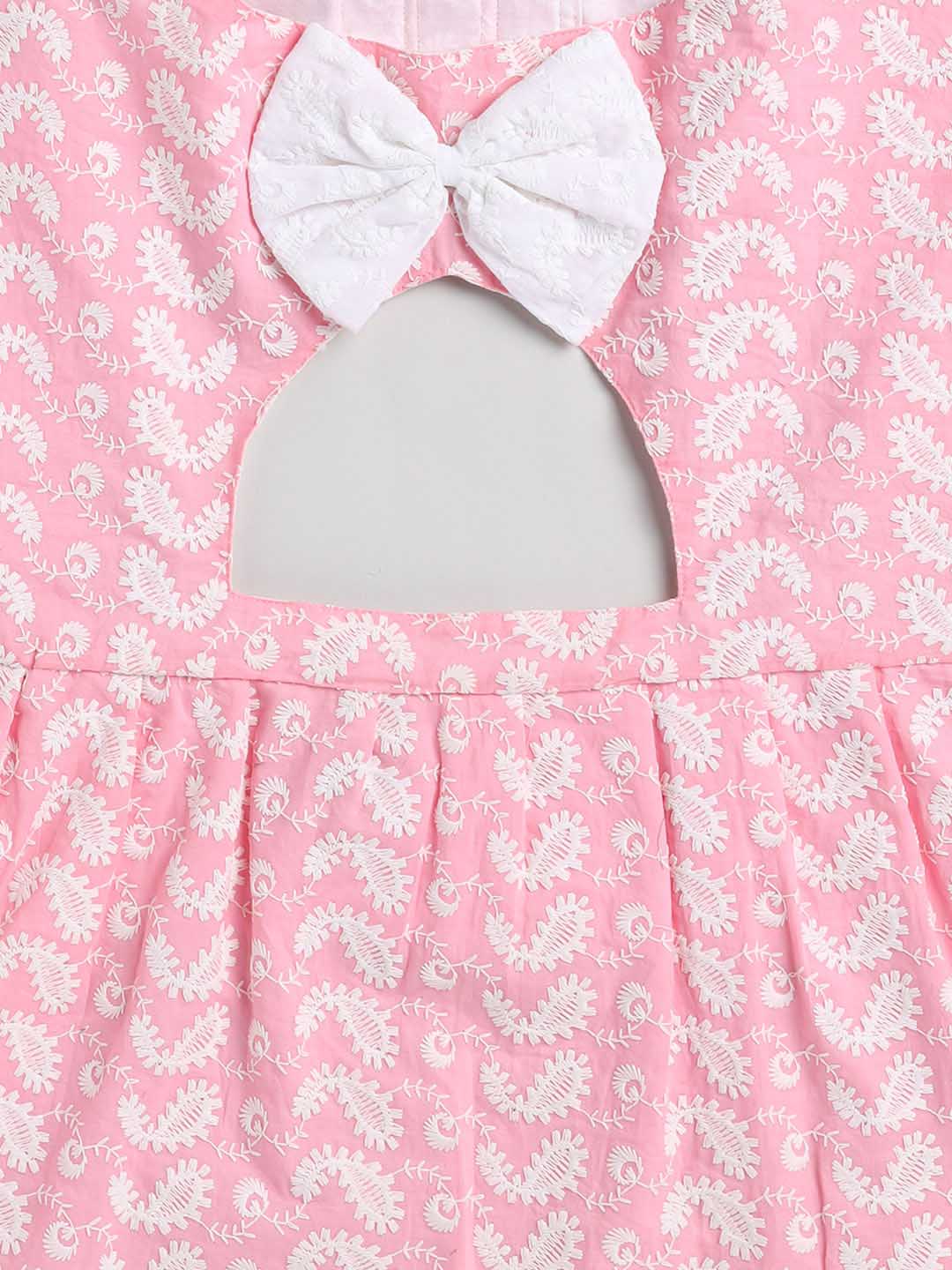 Dogs' Pink Chikankari Flared Dress With Attached Bow