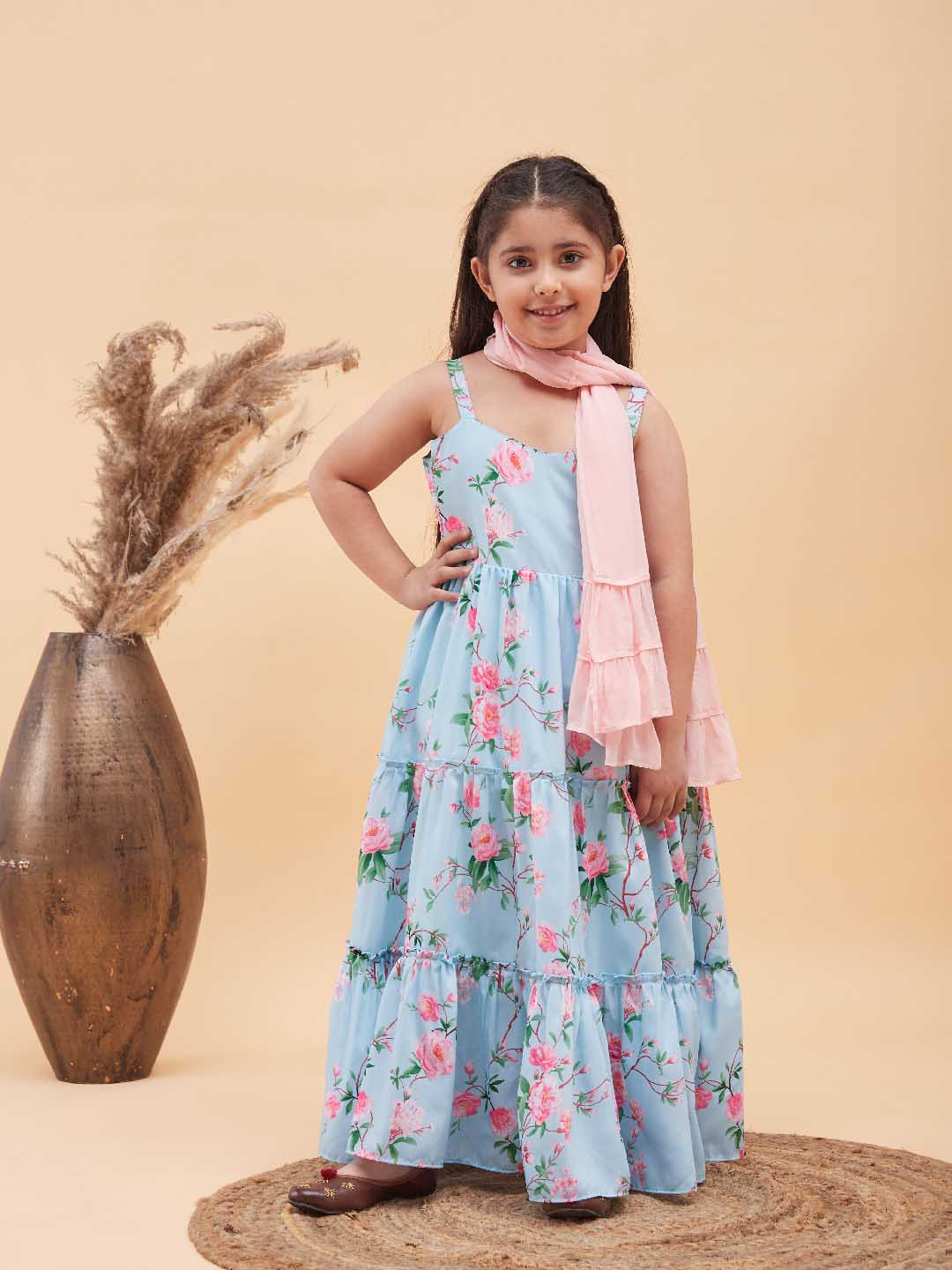 Girl's Aqua Blue Floral Print Anarkali With Pink Dupatta