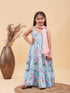 Girl's Aqua Blue Floral Print Anarkali With Pink Dupatta