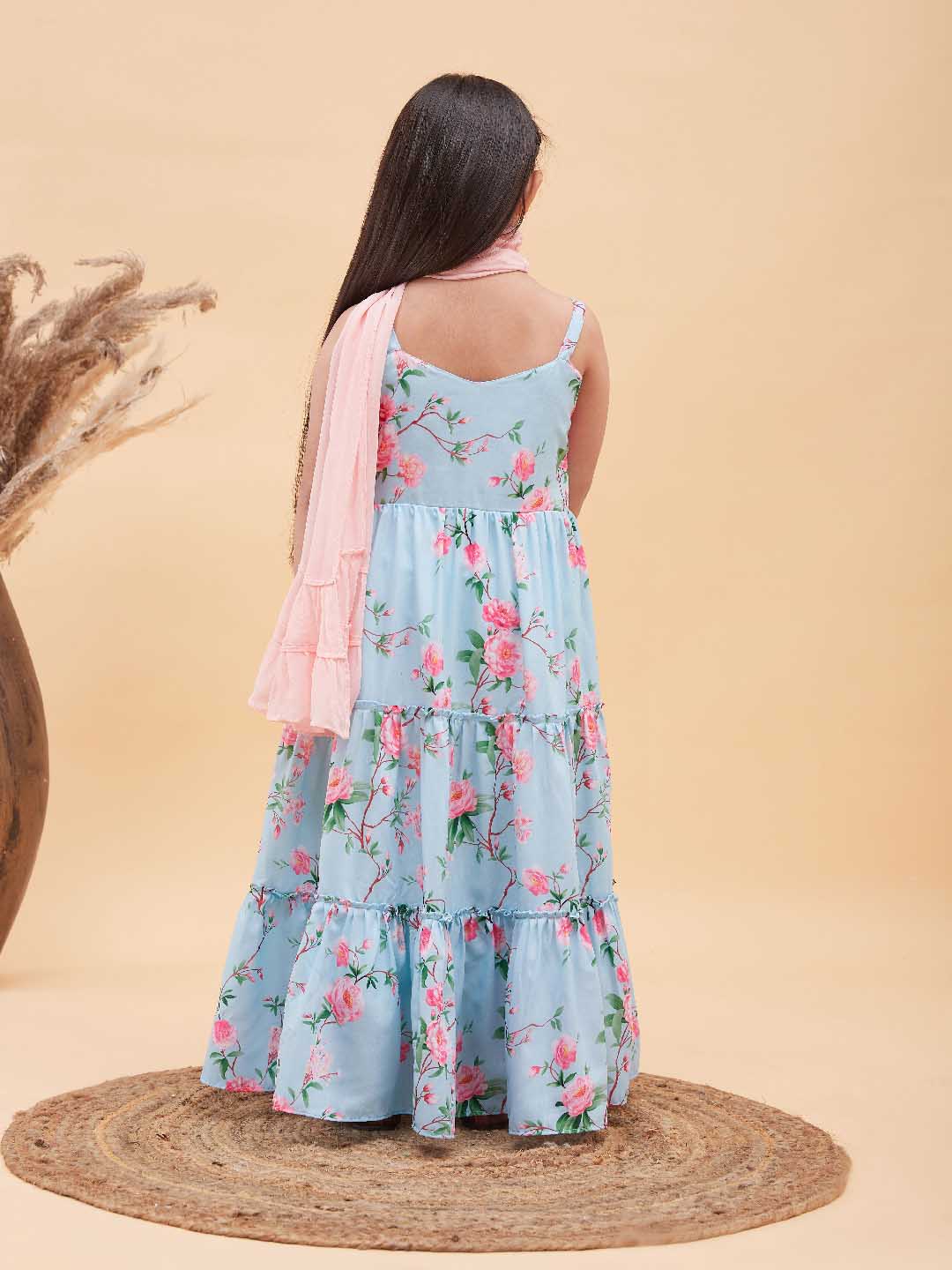 Girl's Aqua Blue Floral Print Anarkali With Pink Dupatta