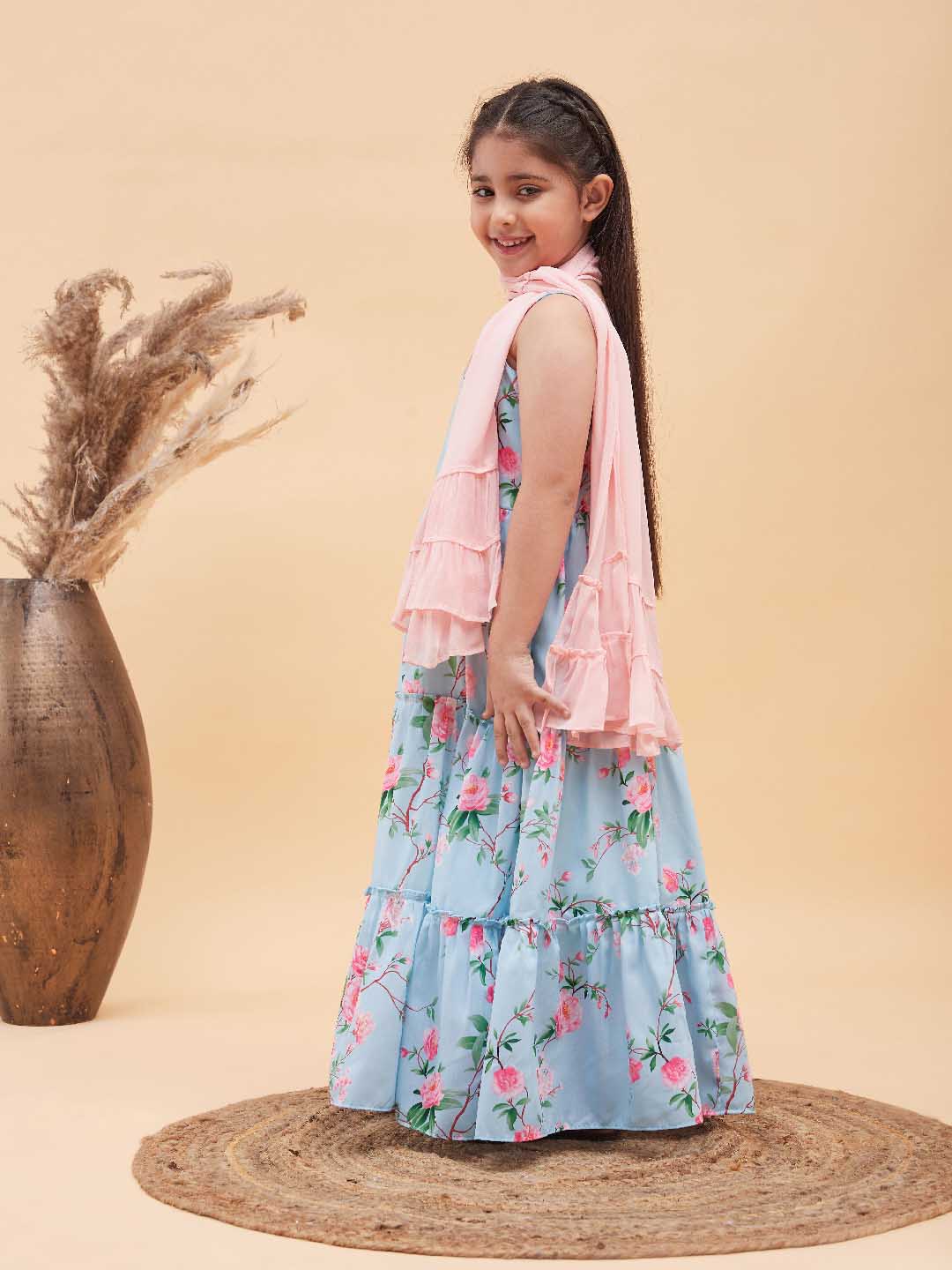 Girl's Aqua Blue Floral Print Anarkali With Pink Dupatta