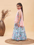 Girl's Aqua Blue Floral Print Anarkali With Pink Dupatta