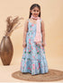 Girl's Aqua Blue Floral Print Anarkali With Pink Dupatta