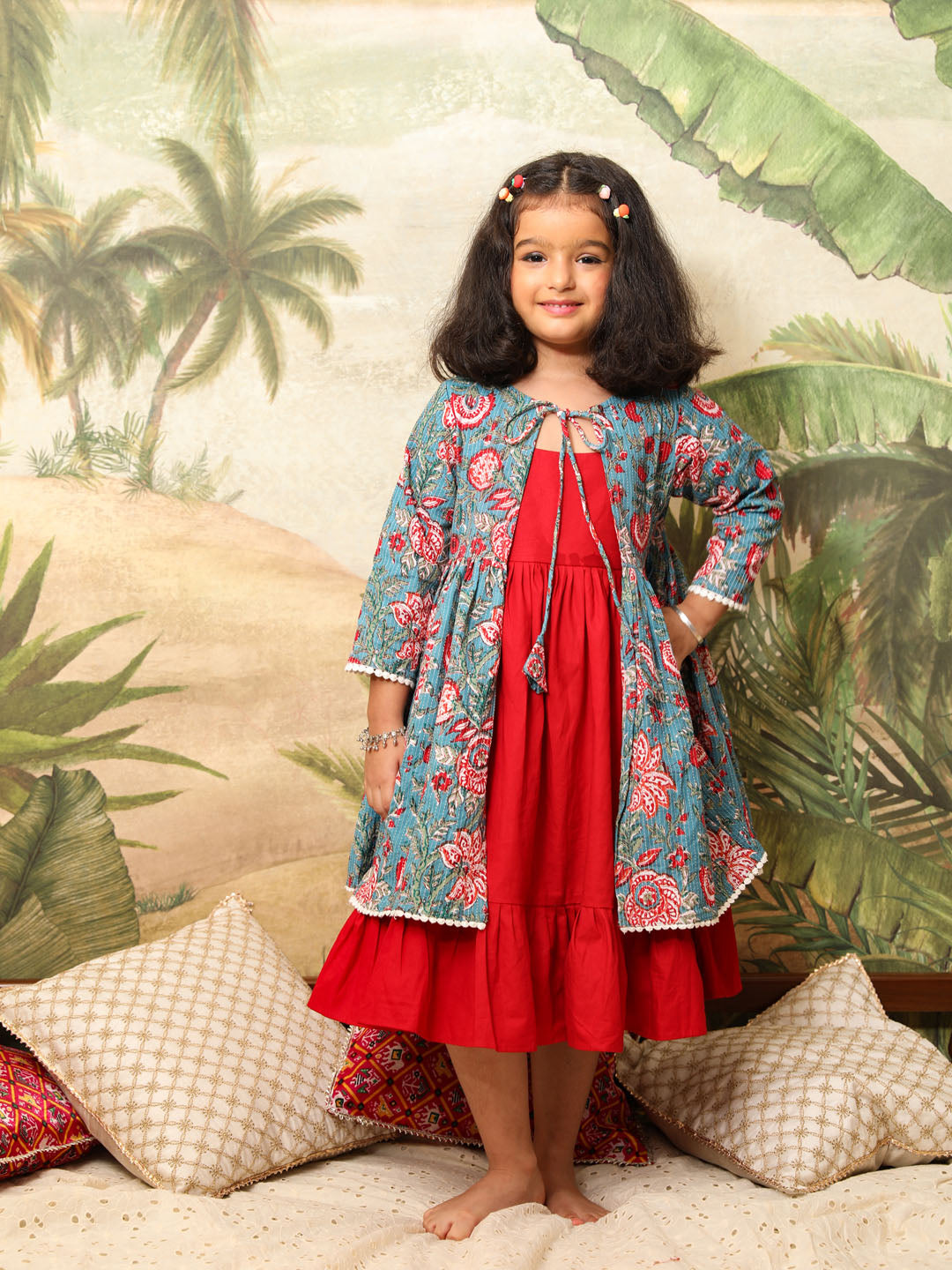 Girl's Red And Blue Anarkali Dress