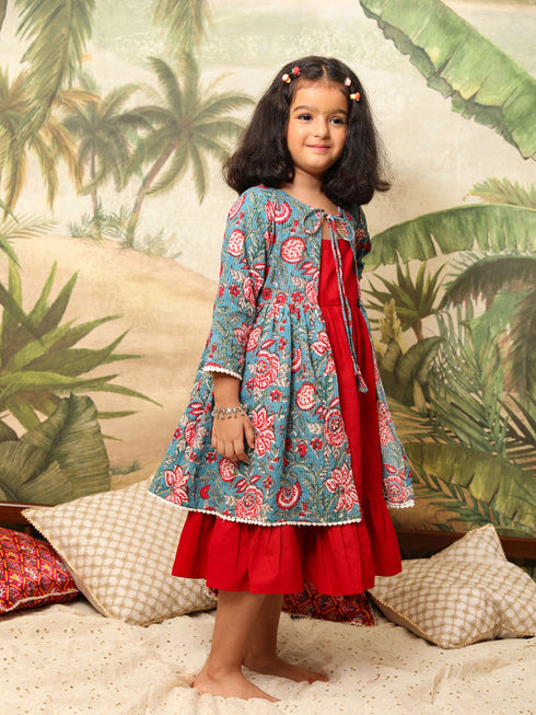 Girl's Red And Blue Anarkali Dress