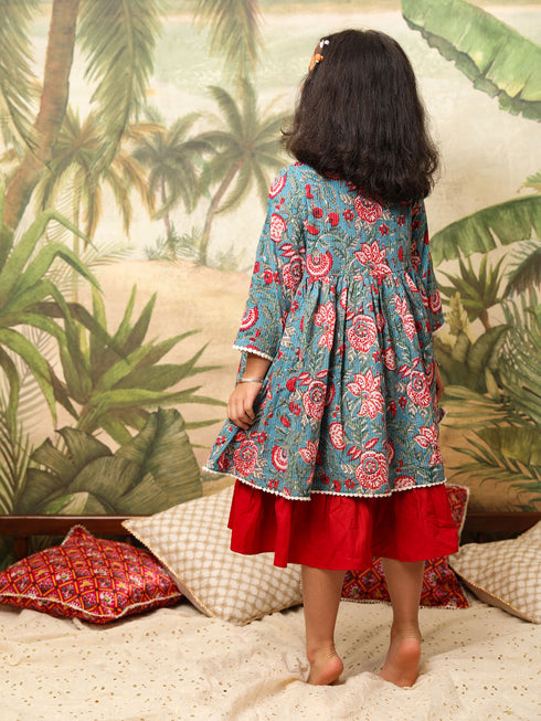 Girl's Red And Blue Anarkali Dress