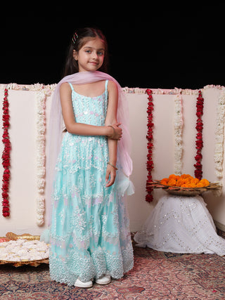 VASTRAMAY Girls' Embroidered Sequins Net Long Anarkali Dress With Dupatta