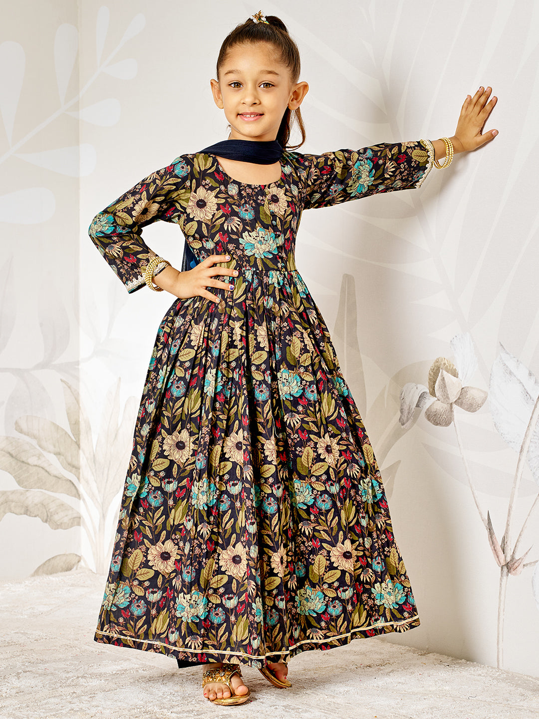 Girl's Black Floral Cotton Anarkali Pyjama Set With Dupatta