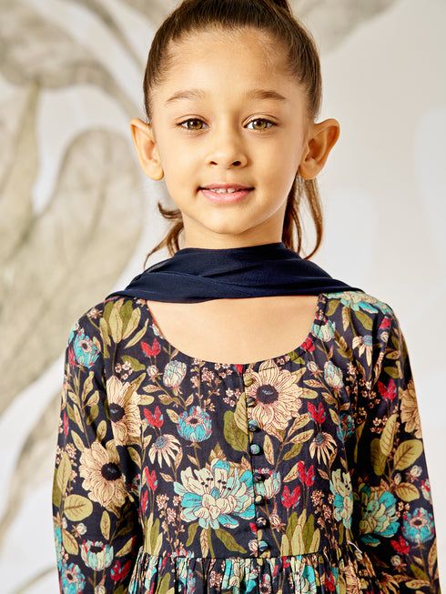 Girl's Black Floral Cotton Anarkali Pyjama Set With Dupatta