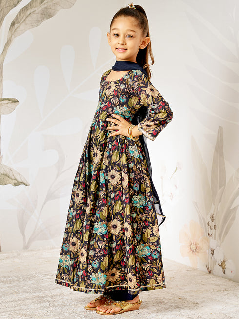 Girl's Black Floral Cotton Anarkali Pyjama Set With Dupatta