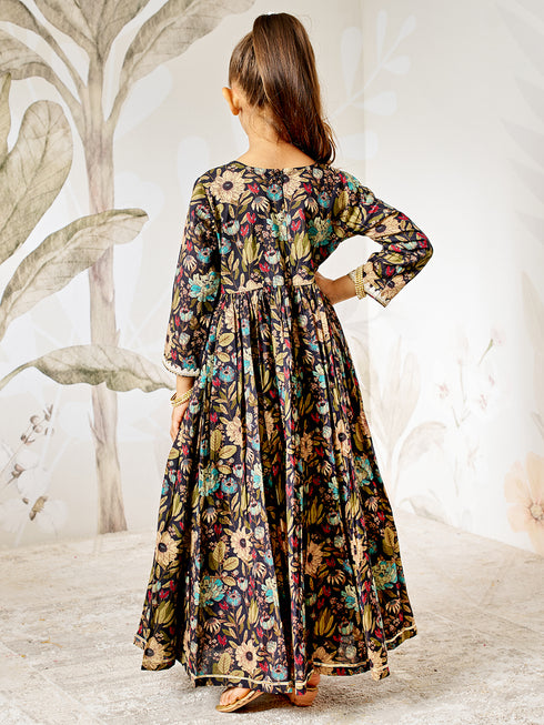 Girl's Black Floral Cotton Anarkali Pyjama Set With Dupatta